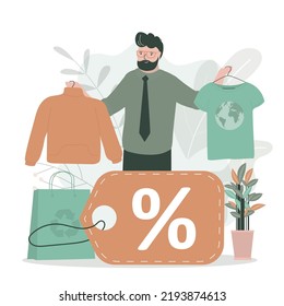 Handsome man bought things at discount. Saving money. Search sales, store discounts. Happy man holds fashion clothes. Big discount label and shopping bag. Second hand, concept. vector illustration