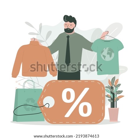 Handsome man bought things at discount. Saving money. Search sales, store discounts. Happy man holds fashion clothes. Big discount label and shopping bag. Second hand, concept. vector illustration
