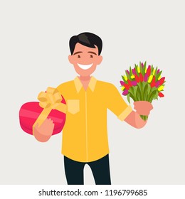 A handsome man with a bouquet of flowers and a gift. March 8. International women day.
