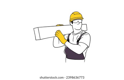 Handsome man builder looking away and smiling while holding wooden plank on his shoulder Flat vector illustration