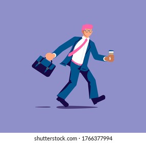 Handsome man in a business suit with offee to go, Office worker holds in hand a hot beverage. Isolated on purple. Flat Art Vector illustration
