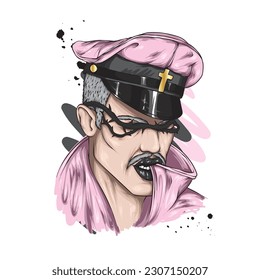 Un hombre guapo con una gorra. Hombre con maquillaje. Gay y LGBT. Ilustración vectorial para una postal o afiche, imprimir para la ropa. Moda y estilo.