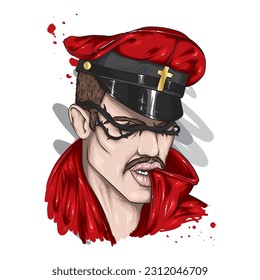 Handsome man in a cap. Guy with makeup. Gay and LGBT. Vector illustration for a postcard or poster, print for clothes. Fashion and  Style.