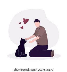 Handsome man caring and loving pet. Cartoon man hugging cute cat. Male character care and hug kitty. Home pet and animal care concept. Guy isolated on white background. Flat vector illustration