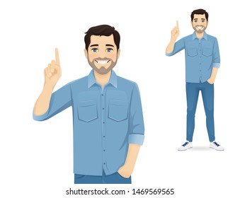 Handsome man in casual clothes pointing up isolated vector illustration