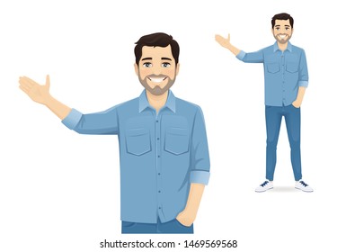 Handsome man in casual clothes presenting something isolated vector illustration