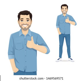 Handsome man in casual clothes showing thumb up isolated vector illustration