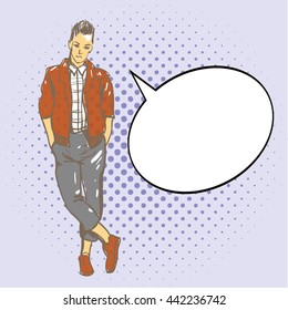 Handsome man in casual clothes with speech bubble. Fashion vector illustration