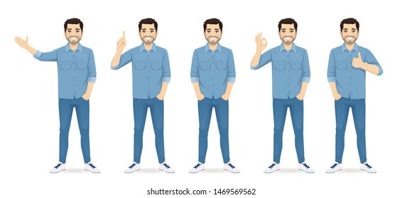 Handsome man in casual clothes standing in different poses set isolated vector illustration