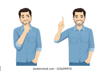 Handsome man in casual clothes thinking looking away and making idea pointing up isolated on white background vector illustration