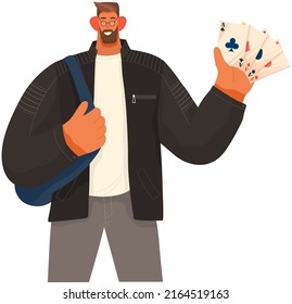 Handsome man in casual clothes waving hand holding playing cards isolated vector illustration. Happy male bearded character in glasses with backpack. Cartoon person hipster dressed in jeans and jacket