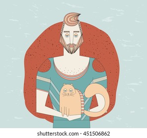 Handsome man with a cat. Vector illustration. A man with a mustache, a beard and a stylish haircut holding a cat in his arms. Stylish hipster illustration. Bright design
