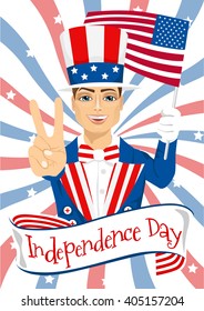 handsome man celebrating united states of america independence day wearing uncle sam costume holding a national flag