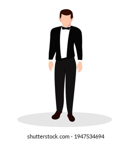 Simpático personaje masculino ilustración plana aislada en traje de negocios blanco negro novio persona de boda