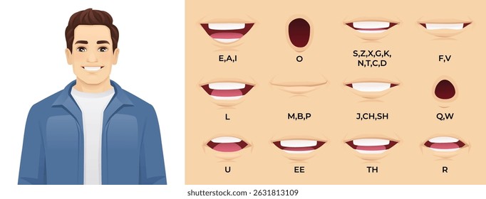Bonito conjunto de animação de boca de personagem. Ilustração vetorial da coleção de lábios masculinos com pronúncia sonora. 