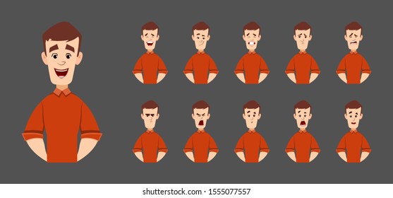 handsome man character with various facial emotions and expression. character for custom animation.