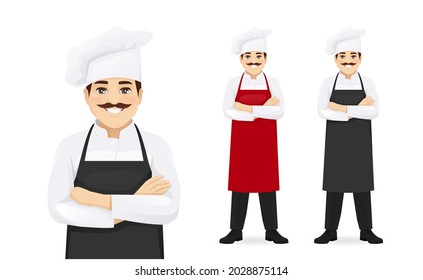 Handsome man chef in black apron standing with arms crossed isolated vector illustration