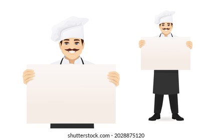 Handsome man chef in black apron presenting something holding empty blank board or paper isolated vector illustration