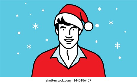 Handsome man in a Christmas hat. Template for avatar, poster, banner or postcard.