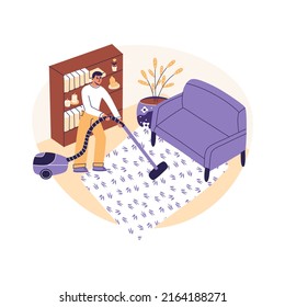 Handsome Man Cleaning Carpter. Young Guy Vaccuuming Home. House Husband Cleaning Modern Living Room With Vaccuum Cleaner. Flat Cartoon Vector Illustrtion, Trendy Colors, Isolated On White Background.