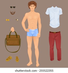 Handsome Man With Clothes, Paper Doll . Vector Illustration