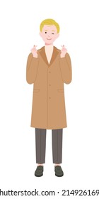 A handsome man in a coat is making a heart with his fingers and winking. flat design style vector illustration.