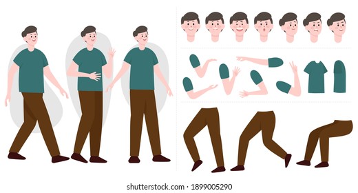 Hermoso constructor de hombre de estilo plano. Partes de piernas y brazos corporales, enfrentan emociones, cortes de pelo y gestos de manos. Caricatura vectorial Caricatura del hombre