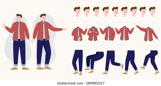 Handsome man constructor in flat style. Parts of body legs and arms , face emotions, haircuts and hands gestures. Vector cartoon Man character