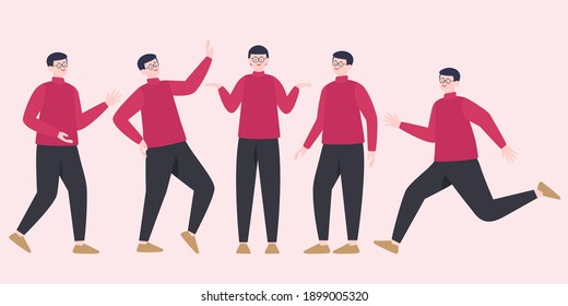 Handsome man constructor in flat style. Parts of body legs and arms , face emotions, haircuts and hands gestures. Vector cartoon Man character