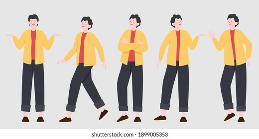 Handsome man constructor in flat style. Parts of body legs and arms , face emotions, haircuts and hands gestures. Vector cartoon Man character