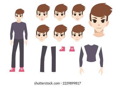 Handsome man constructor in flat style. Parts of body legs and arms , face emotions. Vector cartoon Man character