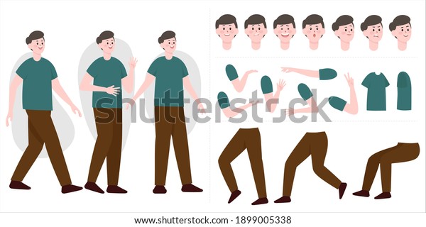 Handsome man constructor in flat style. Parts\
of body legs and arms , face emotions, haircuts and hands gestures.\
Vector cartoon Man\
character