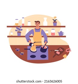 Handsome man cooking in kitchen. Young guy in apron preparing delicious food. House husband make healthy homemade dinner. Flat cartoon vector illustrtion in trendy colors, isolated on white background