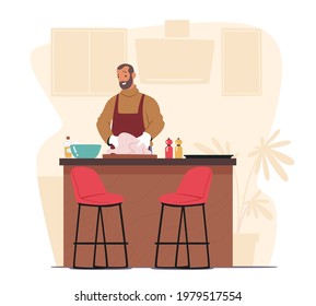 Handsome Man Cooking on Kitchen at Home. Happy Male Character Stuff Turkey or Chicken, Preparing Delicious and Healthy Food Meal for Dating or Dinner Weekend Spare Time. Cartoon Vector Illustration