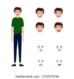 Bonita creación de hombre con diferentes puntos de vista, poses, emociones faciales, cortes de pelo. Constructor de caricaturas macho. Vector plano aislado