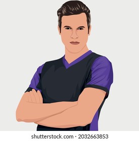 Handsome man crossed arms half body pose with black and purple t-shirt