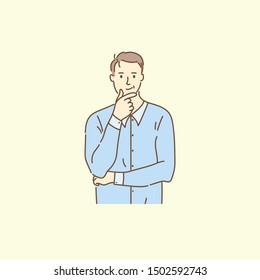 Handsome man with curious face. Office worker dreaming about success idea. Brainstorm process. Hand drawn vector illustration. Doodle style design.