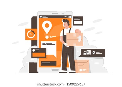 Handsome man delivery boxes to point using smartphone. Concept employee character and modern technology device for business. Vector illustration.