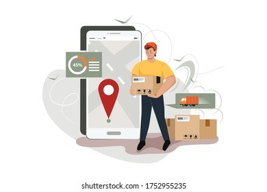 Handsome man delivery boxes to point using smartphone. Vector Illustration Concept