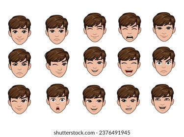 Handsome man with different facial expressions set vector illustration isolated on white. Cartoon style a male.