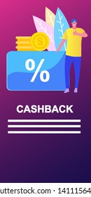Handsome man with discount card shows his thumb. discounts and cashback on the card concept. Vector illustration cartoon flat with people. Hero image for website.