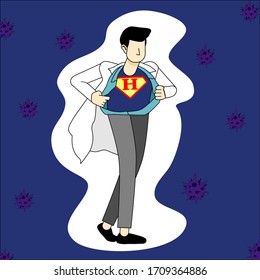 handsome man doctor, taking off shirt coat, doctor is everyone's hero, that  eliminate coronavirus. Vector illustration.