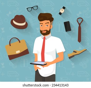 Handsome man doing online shopping in the internet store using tablet pc he chooses stylish bag and shoes, male hat with wristwatch and accessories. Illustration on seamless commerce background