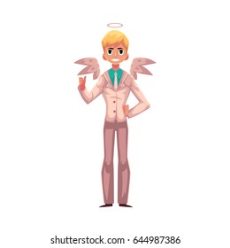 Handsome man dressed as angel in business suit with wings and halo, cartoon vector illustration isolated on white background. Male angel character, Halloween costume, right business decision concept