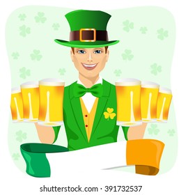 handsome man dressed as leprechaun celebrating Saint Patrick day holding six golden beer mugs with irish ribbon