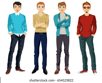 Handsome man dressed in modern male style, vector illustration. Set. Young handsome casually dressed hipster geek guy in jeans. vector illustration.