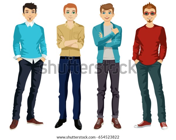 現代の男性スタイルのハンサムな男性 ベクターイラスト セット 若いハンサムなカジュアルなヒップスターギークの男性がジーンズをはいている ベクターイラスト のベクター画像素材 ロイヤリティフリー