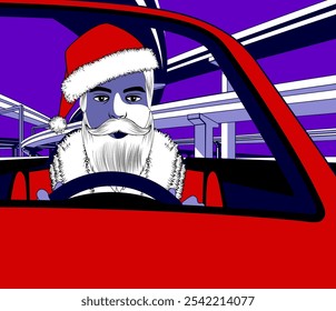 Handsome man dressed as Santa Claus driving a car against the background of an overpass and city skyline. The theme of Christmas in modern city life. Vector illustration.