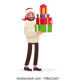 Handsome man dressed in a sweater and a Christmas hat is holding presents. New Year's  sale. Vector illustration in cartoon style