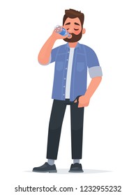 Handsome man drinking water from a bottle. Thirst. The concept of a healthy lifestyle. Vector illustration in cartoon style.